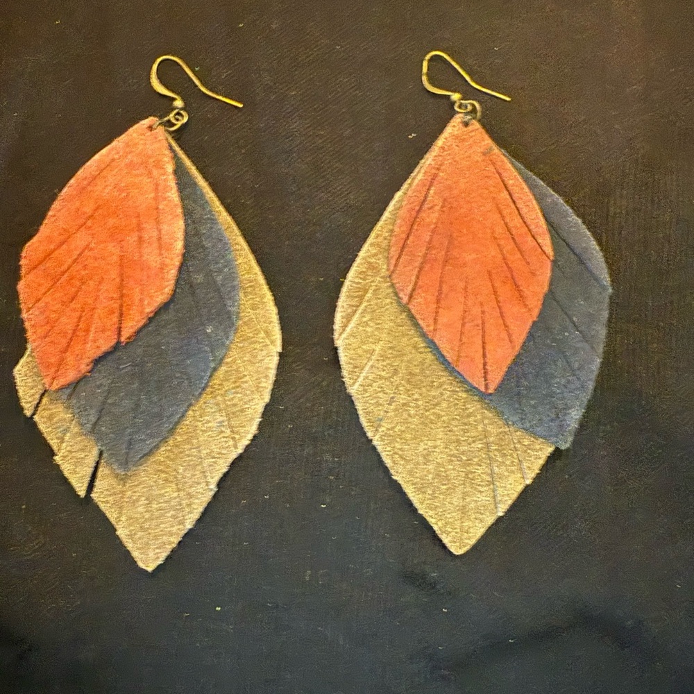 Leather Multicolor Feather Earrings